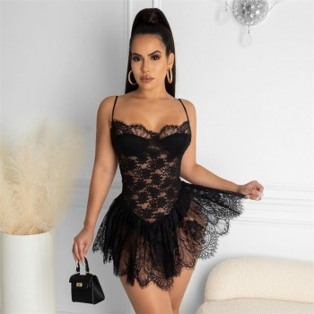 Sheer Floral Black Lace Dress Gothic Women Elegant Spaghetti Strap Strapless Backless Ruffles Night Party Club Mini Dress